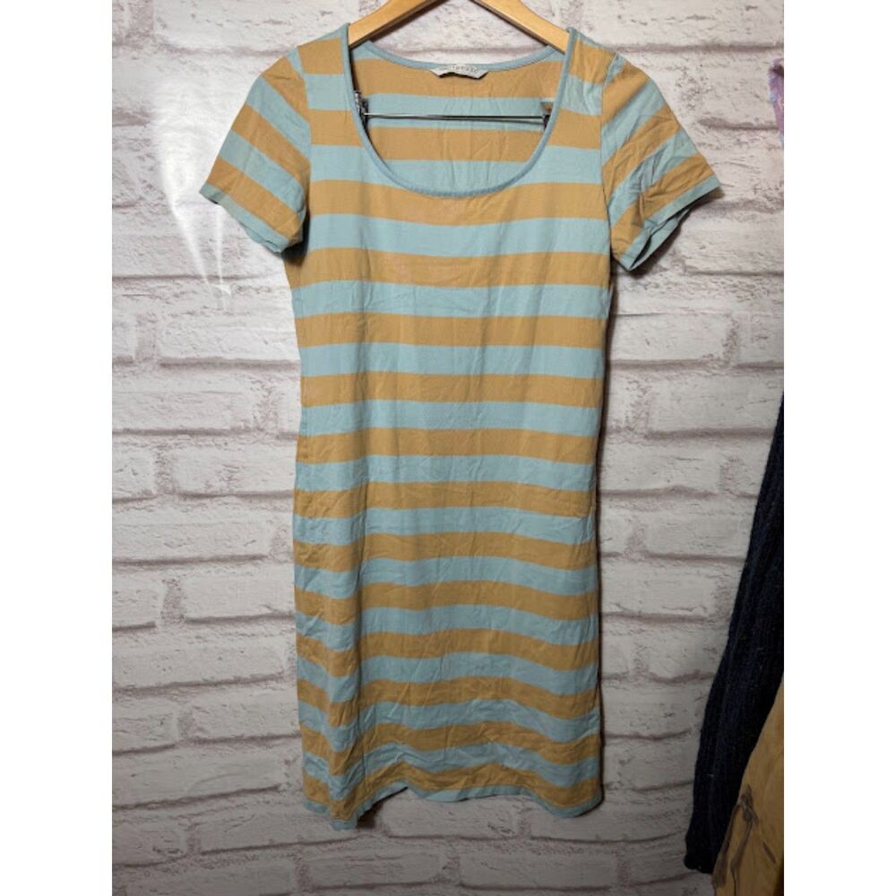 Marimekko T Shirt Dress Women's Size M Blue Brown Horizontal Stripe Colorful